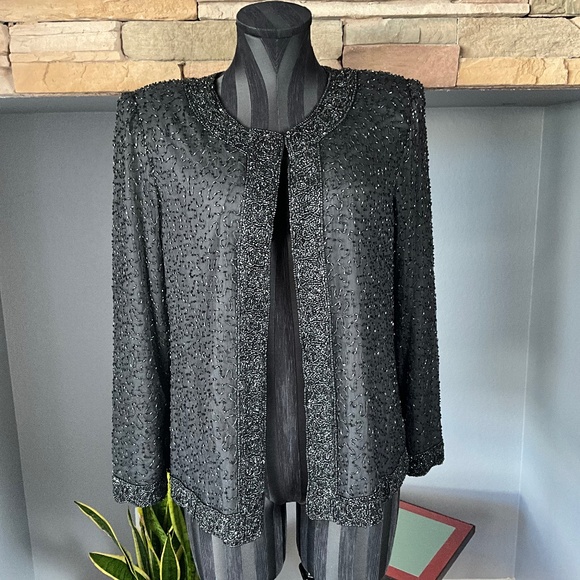 VTG 80s Laurence Kazar Silk Sequins Beaded Jacket Party Event Holiday Black MP - Picture 2 of 10